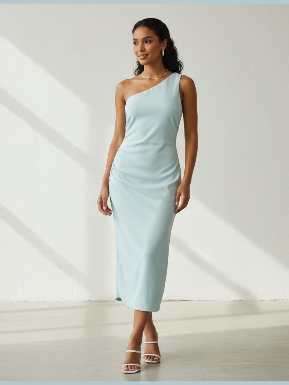 Blue One Shoulder Bodycon Midi Dress Medium Cocktail Wedding Guest NWT